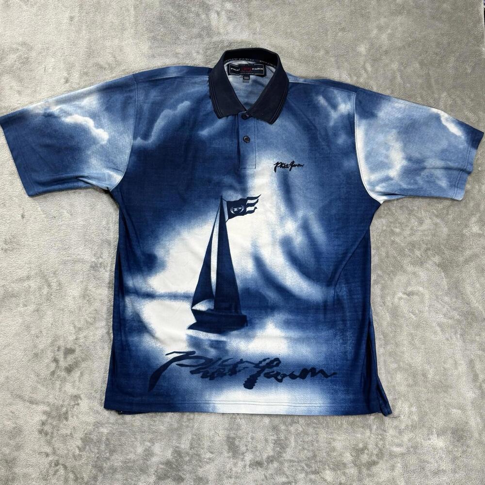 Vintage Phat Farm Shirt Mens XL Polo SS Blue Sailing All Over Print Boat Y2K